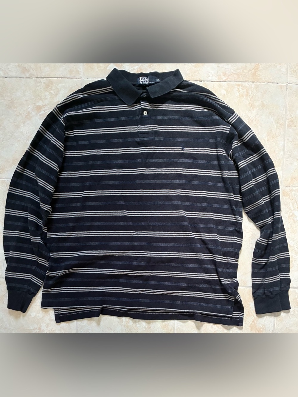 Vintage Polo by Ralph Lauren Black and White Striped Long Sleeve Rugby Polo